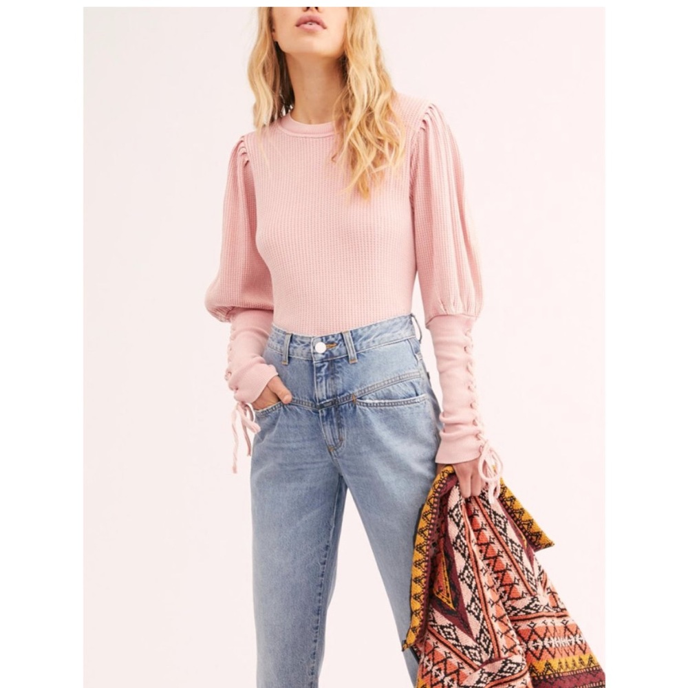 FREE PEOPLE Tasha Lace-Up Sleeve Thermal Top Pastel Pink Size Small Waffle Knit
